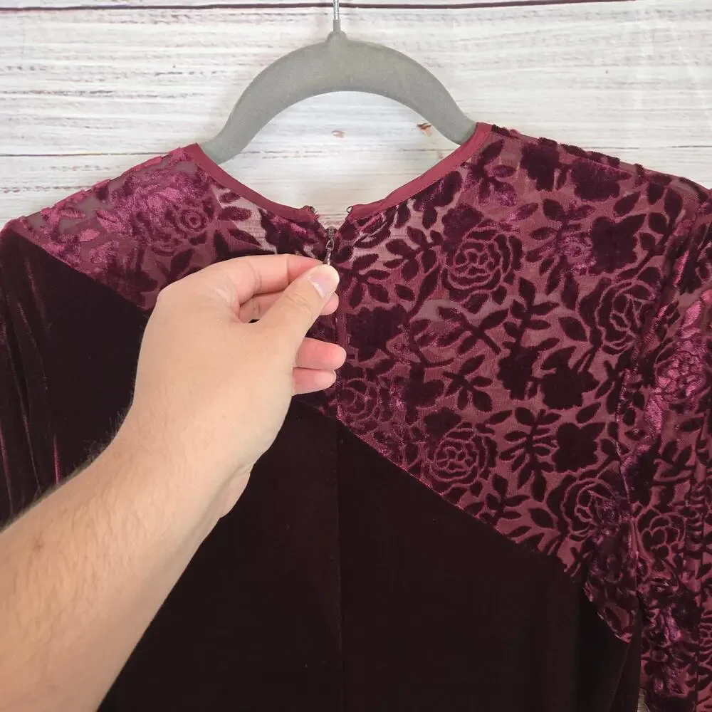 Coldwater Creek Vtg Velvet Lace Burgandy Midi Dress 10 Long Sleeve Romantic Vamp